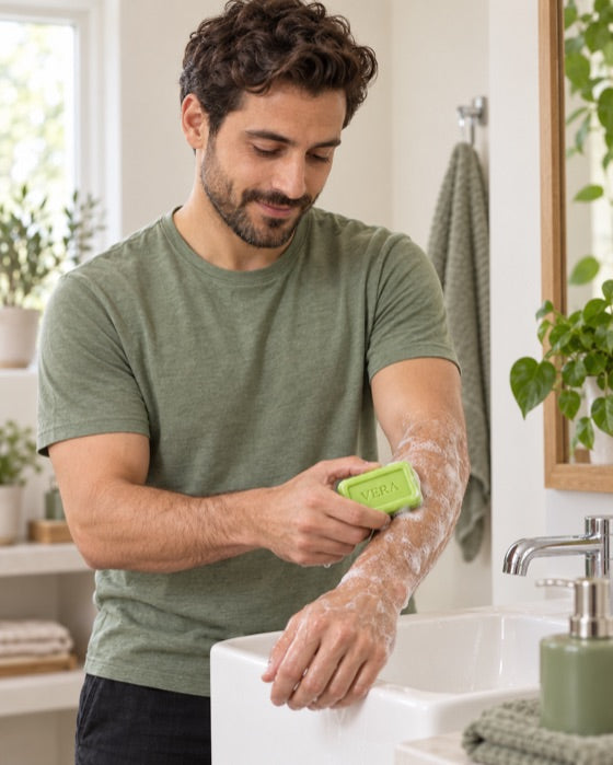 Man in a bathroom lathering his arm with a VERA soap bar