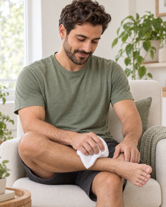 Man sitting in a chair drying his foot with a towel