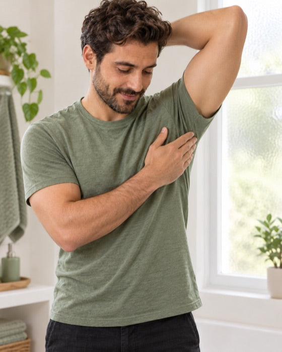 Man in a bathroom with his arm raised, checking calm underarm skin